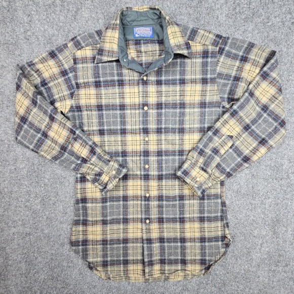 Vintage Pendleton Wool Shadow Plaid Shirt Mens S USA 100% Virgin Wool Blue Tan